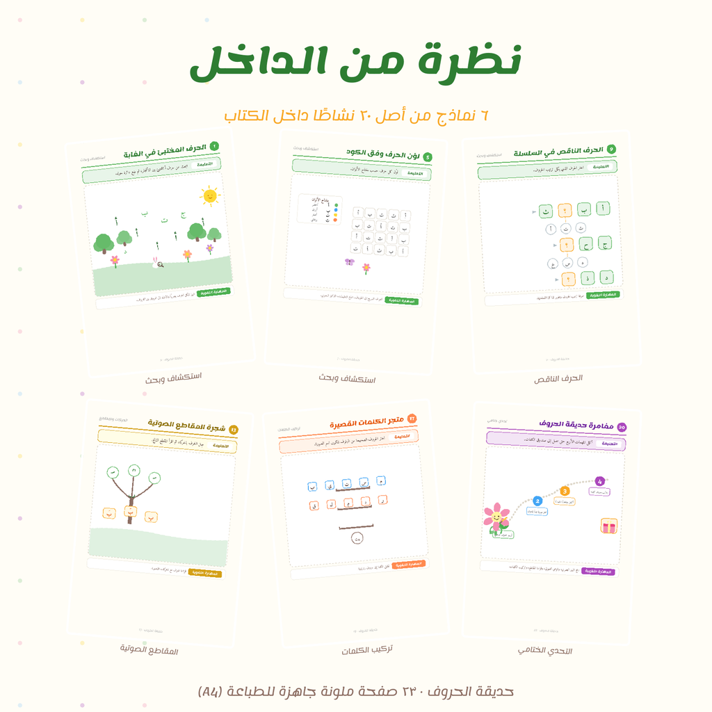 A promotional graphic showing six Arabic educational workbook covers arranged in a grid on a light cream background. The covers feature different colorful lesson-themed designs, and the main headline at the top reads 'نظره من الداخل' with additional Arabic text below.