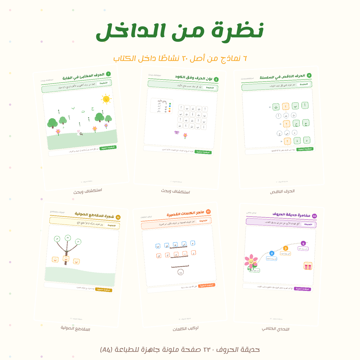 A promotional graphic showing six Arabic educational workbook covers arranged in a grid on a light cream background. The covers feature different colorful lesson-themed designs, and the main headline at the top reads 'نظره من الداخل' with additional Arabic text below.