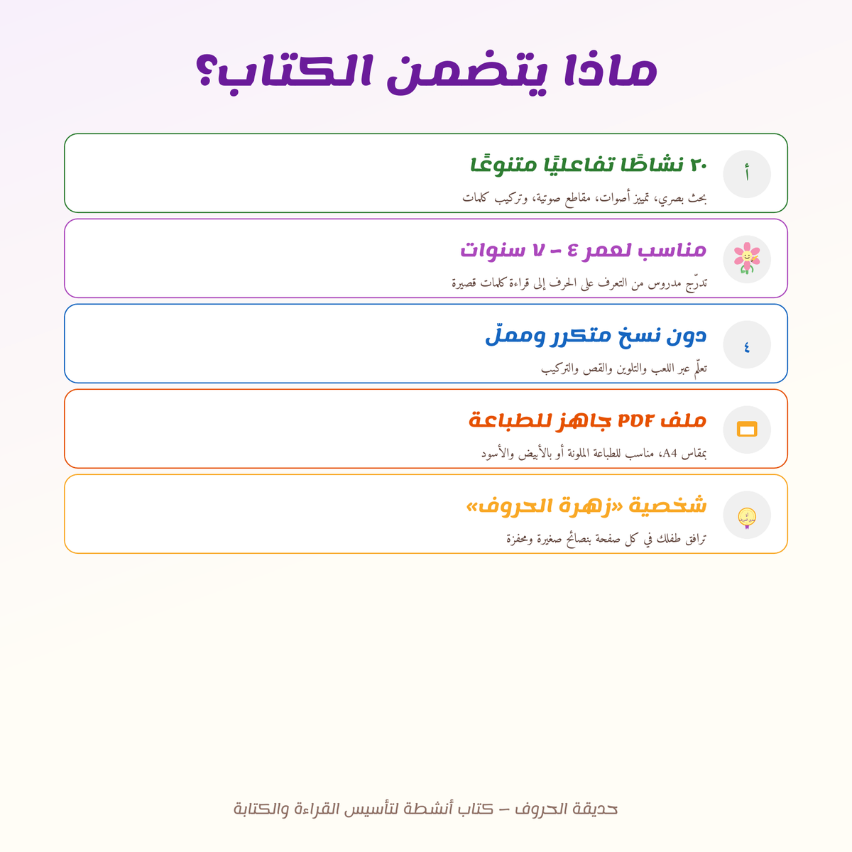 An infographic in Arabic on a light cream background with purple title text reading 'ماذا يتضمن الكتاب؟' and five colored horizontal boxes listing included features: a notebook, a workbook, a notebook and folder, a PDF book, and a personal study guide.