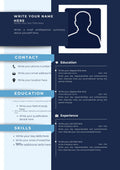 A resume template layout with a dark navy background, light blue accent bands, white text placeholders, and a black silhouette icon of a person in the top right. Sections include Contact, Education, Skills, and Experience.