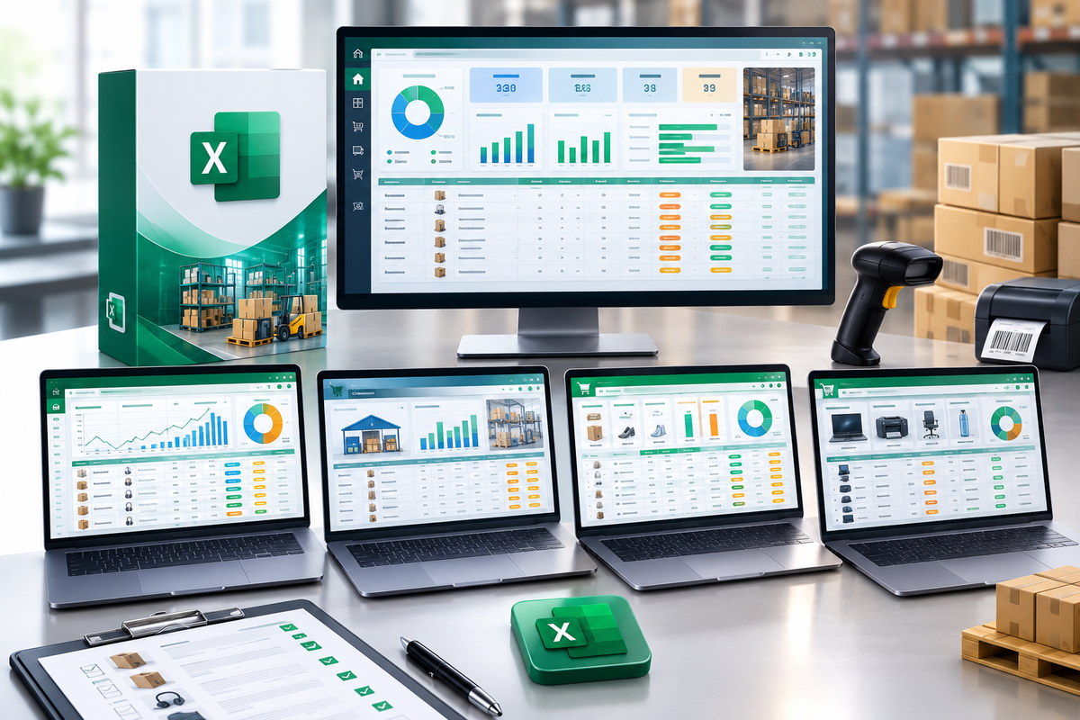 A Microsoft Excel warehouse management dashboard shown across multiple devices, including a desktop monitor, four laptops, a tablet, and a smartphone, alongside the green and white Excel software box and a green Excel app icon on a desk. The scene is set in a modern office environment with cardboard boxes and a barcode scanner in the background.