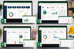 A 2x2 collage showing four laptop screens displaying a spreadsheet-style dashboard interface with charts, metrics, and small Excel-style green and white preview windows. The background varies by quadrant, with some blurred office elements, and no single physical product is clearly isolated as the item for sale.