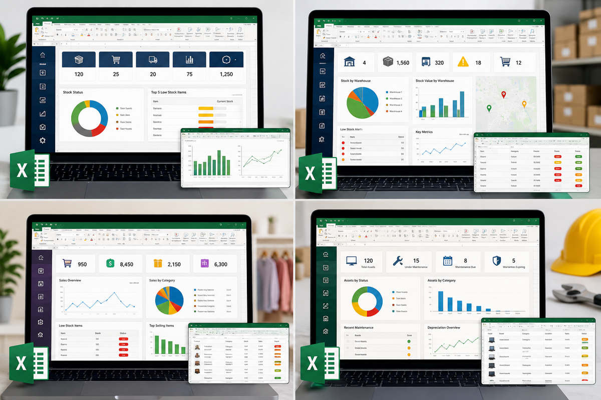 A 2x2 collage showing four laptop screens displaying a spreadsheet-style dashboard interface with charts, metrics, and small Excel-style green and white preview windows. The background varies by quadrant, with some blurred office elements, and no single physical product is clearly isolated as the item for sale.