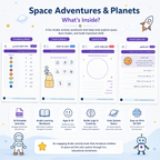 Promotional infographic for an Arabic educational activity book titled 'Space Adventures & Planets: What's Inside?'. The design shows multiple worksheet/activity panels with illustrations of planets, a rocket, stars, and a robot, plus feature icons for printable activities, a learning workbook, age suitability, logic building, solar system basics, and an easy-to-print AA PDF.