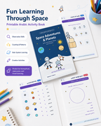 A promotional layout for a printable Arabic activity book about space and planets. The central item is a blue book cover titled 'Space Adventures & Planets' with cartoon astronauts and planets.