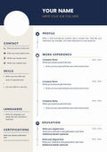 A minimalist resume/CV template layout with a dark navy header, a large white oval photo placeholder, and sections for contact, skills, languages, certifications, profile, work experience, and education on a light gray background.Navy & Gold Executive Resume Template