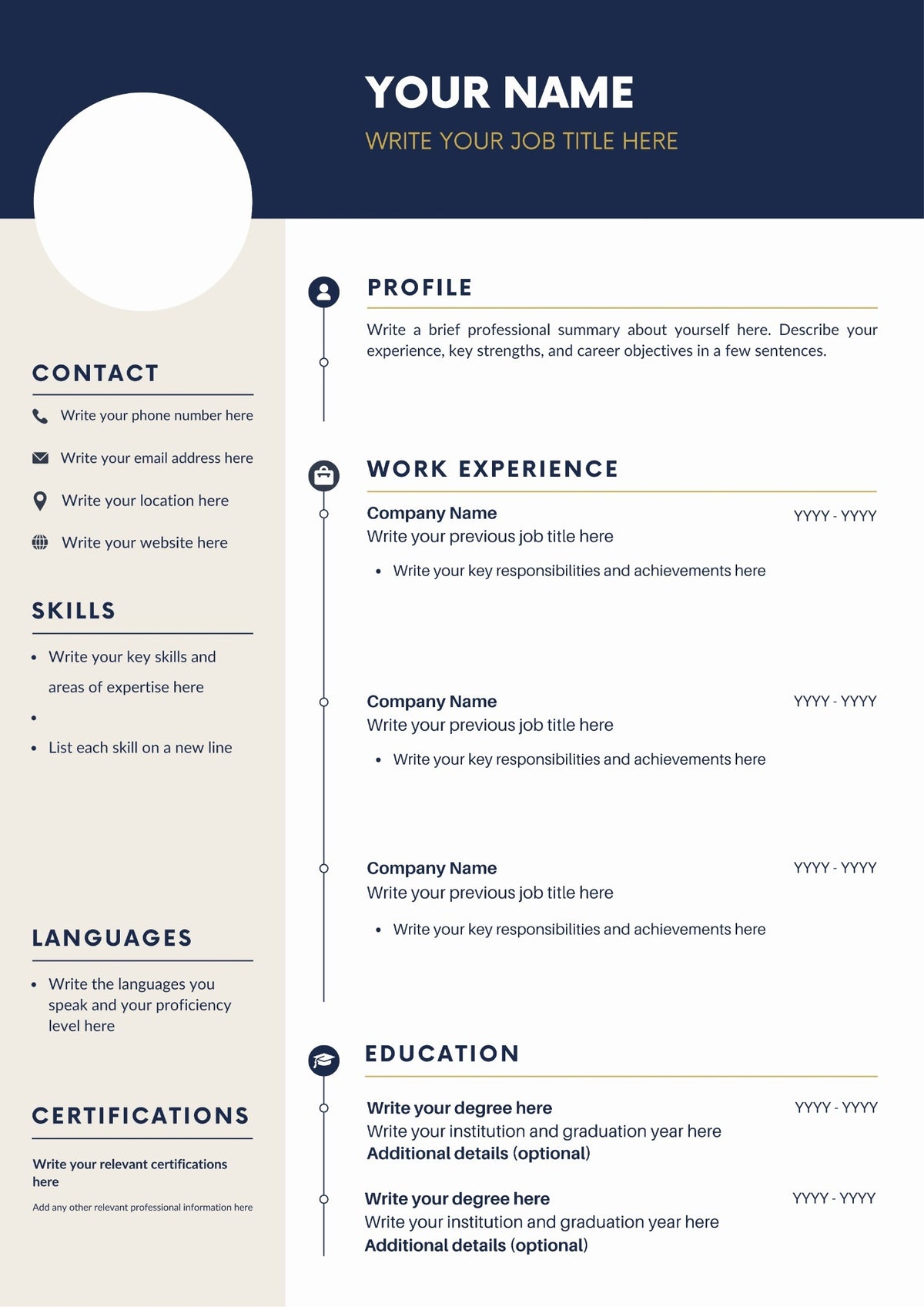 A minimalist resume/CV template layout with a dark navy header, a large white oval photo placeholder, and sections for contact, skills, languages, certifications, profile, work experience, and education on a light gray background.Navy & Gold Executive Resume Template